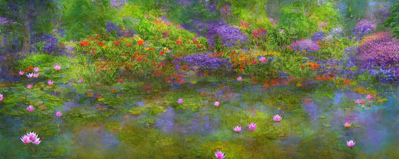 Prompt: groot flowers near a mirror like pond, by alan lee, colorful clothing, springtime flowers and foliage in full bloom, lotus flowers on the water, dark foggy forest background, sunlight filtering through the trees, digital art, art station