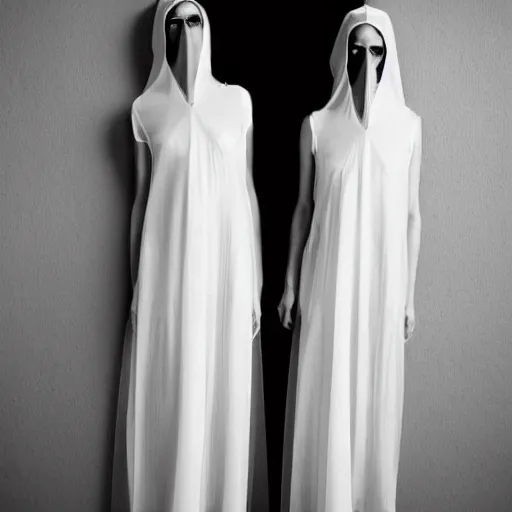 Image similar to award winning photo Floating twins, buxom nuns, wearing translucent habits, see through dress, Very long arms, in a bedroom, eerie, frightening, highly detailed, photorealistic —width 1024 —height 1024