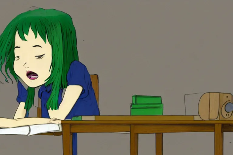 Image similar to a girl with green hair crying at her desk in the style of Tsuguharu Fujita
