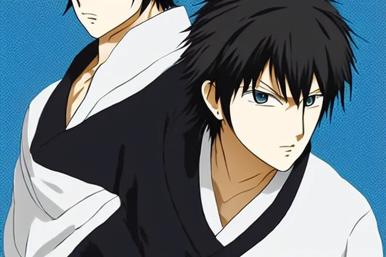 Image similar to A cold handsome young man，Black short hair like a hedgehog, blue pupil, Hijikata Toushirou of Gintama,Kyoto Animation