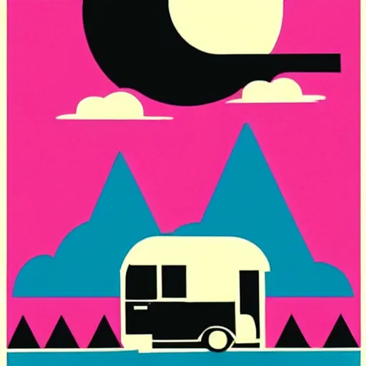 Image similar to a white and black cute thor chateau! motorhome camper!!, mountains, colorful sunset!!, stencil art by tom whalen