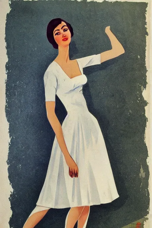 Image similar to beautiful slim and shapely young woman, elegant look, peasant dress, 1960\'s soviet propaganda art