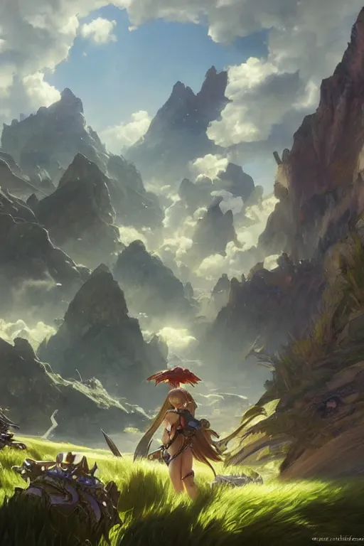 Image similar to landscape from xenoblade, fantasy, epic scale, highly detailed, digital painting, artstation, concept art, matte, sharp focus, illustration, hearthstone, art by artgerm and greg rutkowski and alphonse mucha