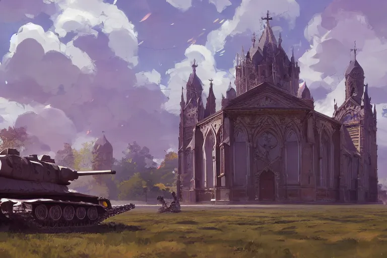 Image similar to concept art of a huge ornate church with lots of smaller chapels combined on top of a tank aka churchtank in an open field, key visual, ambient lighting, highly detailed, digital painting, artstation, concept art, sharp focus, by makoto shinkai and akihiko yoshida and greg manchess