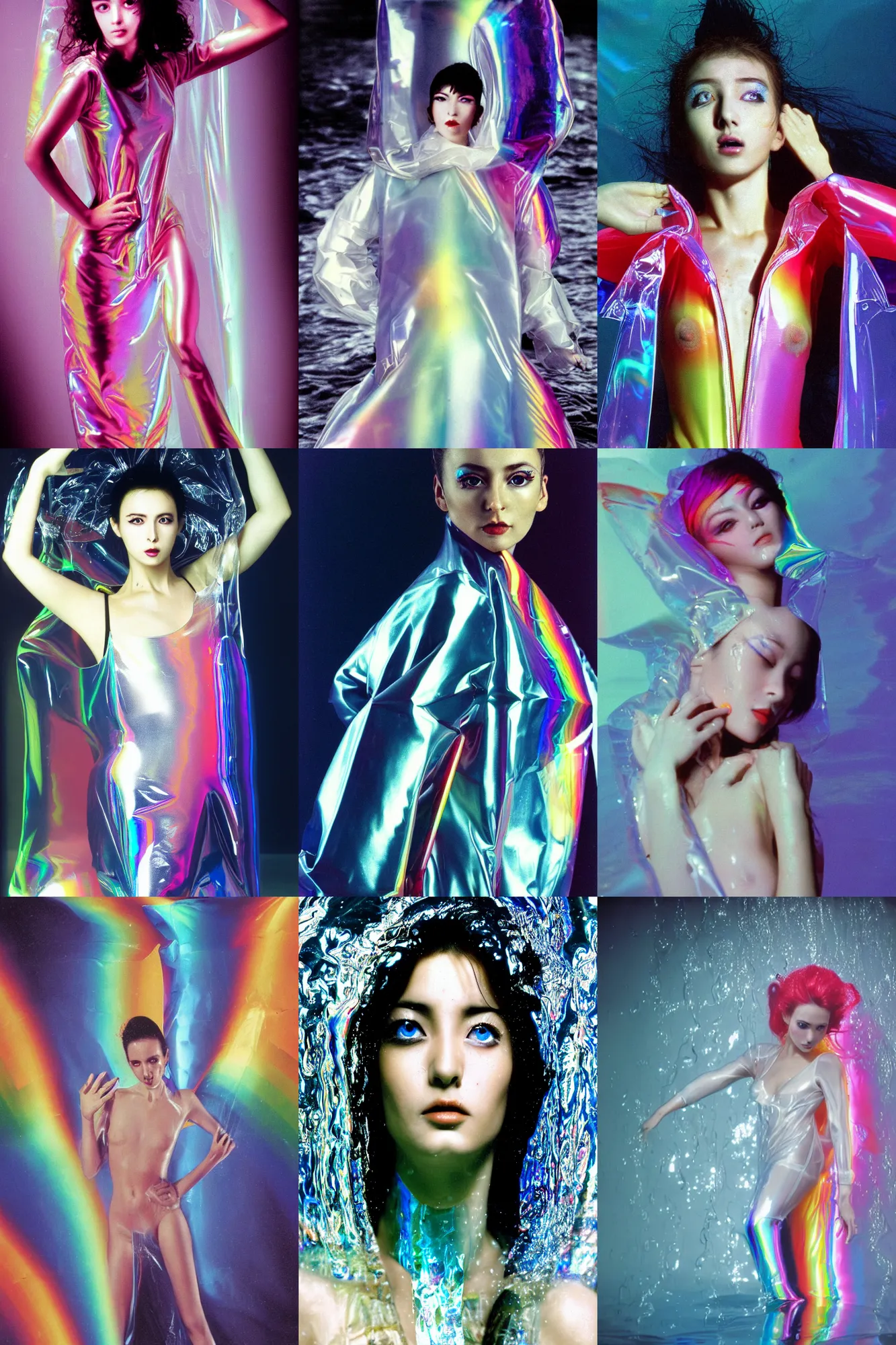 Prompt: Beautiful Sergey Piskunov style seinen manga Fashion photography portrait 1980s movie still from iod racing in bermuda dance scene of feminine dancer, wearing translucent refracting rainbow diffusion wet plastic zaha hadid designed specular highlights raincoat, half submerged in heavy nighttime paris floods, water to waste, , épaule devant pose;pursed mouth; mercury white lipstick;,pixie hair,;oversized emerald eyes;eye contact;,petite nose; by Nabbteeri, ultra realistic, Kodak , 8K, 15mm lens, three point perspective, chiaroscuro, highly detailed, by moma, by Nabbteeri