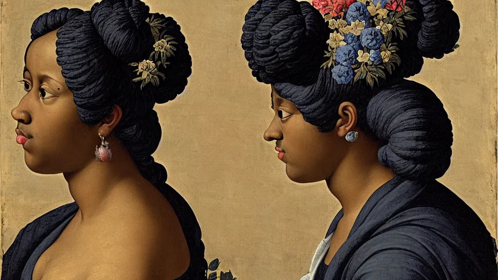 Image similar to portrait of a young black woman with blue hair buns, wearing a black t-shirt, standing in a garden full of black flowers, intricate details, high detail, in a renaissance style, super-flat, in the style of Jean Auguste Dominique Ingres, James Jean, punk