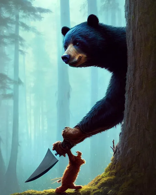 Image similar to highly detailed surreal vfx portrait of a ninja bear holding an axe, stephen bliss, unreal engine, greg rutkowski, loish, rhads, beeple, makoto shinkai and lois van baarle, ilya kuvshinov, rossdraws, tom bagshaw, alphonse mucha, global illumination, detailed and intricate environment