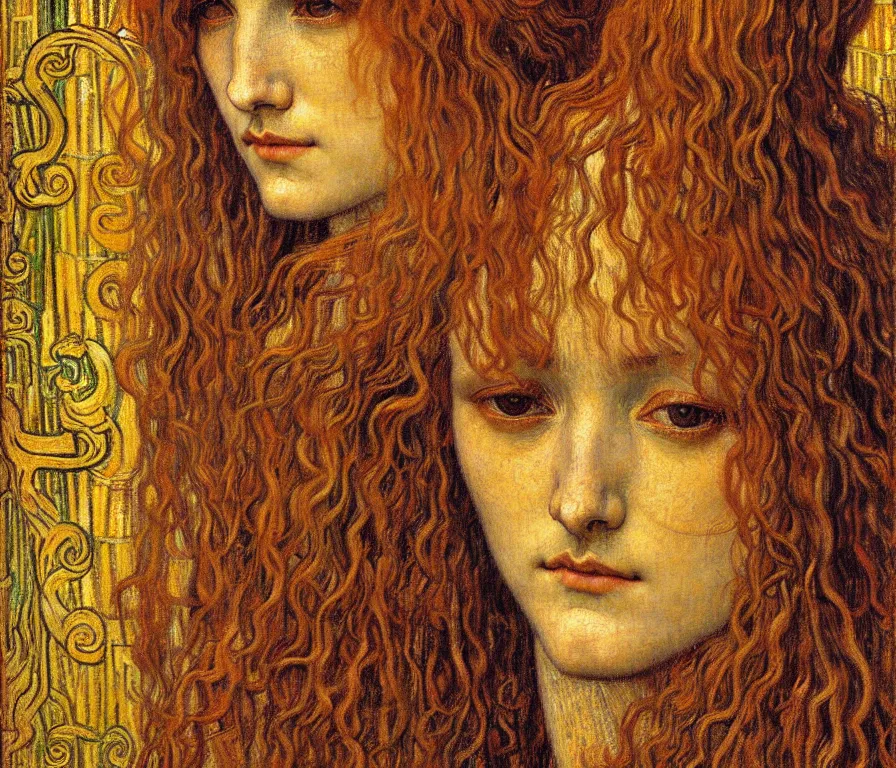 Image similar to detailed realistic beautiful young medieval queen face portrait by jean delville, gustav klimt and vincent van gogh, art nouveau, symbolist, visionary, gothic, pre - raphaelite, muted earthy colors, desaturated