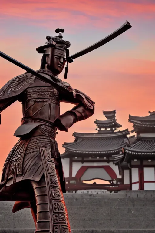 Image similar to a godlike and indomitable helmeted samurai wielding their Odachi before a large Torii gate, the rising sun in the background. Photo realistic. Award winning