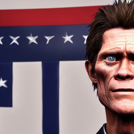 Prompt: highly detailed portrait of willem dafoe as harry osbourne becoming president of the united states, unreal engine, photo realistic, warm lighting