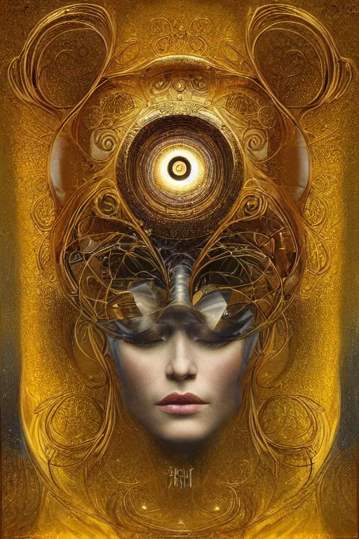 Prompt: The Heart of Gold by Karol Bak, Jean Deville, Gustav Klimt, and Vincent Van Gogh, otherworldly, fractal structures, arcane, prophecy, ornate gilded medieval icon, third eye, spirals