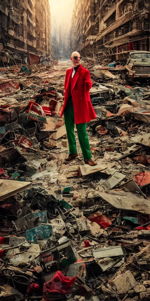 Prompt: cinematic scene of a bald pianist wearing sunglasses in red coat and green pants performing on top of dead bodies in streets of an apocalyptic metropolis destroyed after war, dead women, dead child, dead old, dramatic lighting, insane details