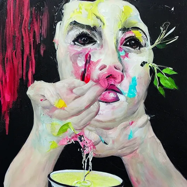 Image similar to “ a portrait in a female art student ’ s apartment, sensual, a pig theme, art supplies, paint tubes, ikebana, herbs, a candle dripping white wax, black walls, squashed berries, berry juice drips, acrylic and spray paint and oilstick on canvas, surrealism, neoexpressionism ”