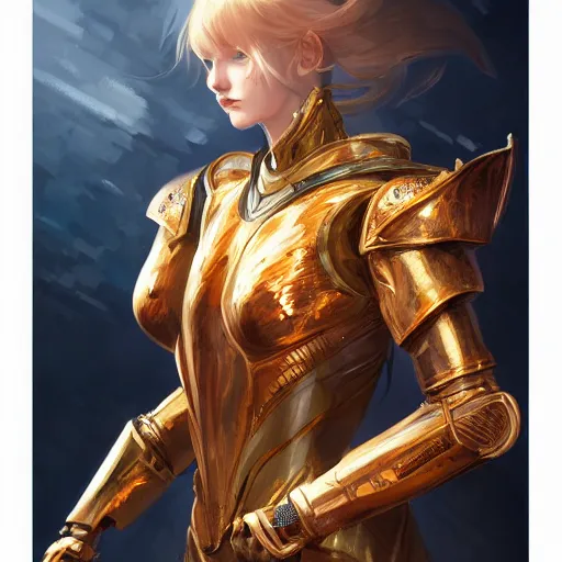 Image similar to portrait knights of Zodiac girl, golden and copper armor, sci-fi, fantasy, intricate, very very beautiful, elegant, highly detailed, digital painting, artstation, concept art, smooth, sharp focus, illustration, art by WLOP and tian zi and artgerm