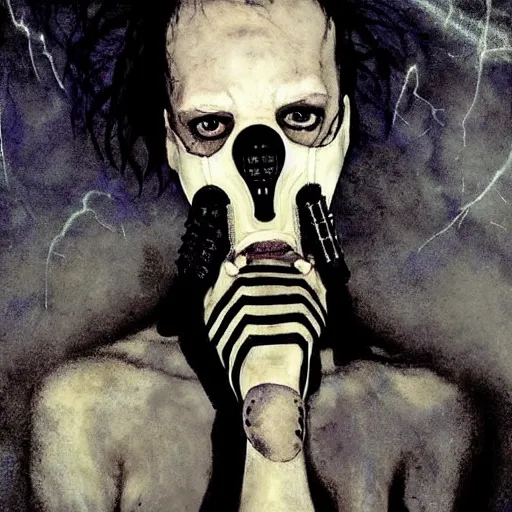 Image similar to gaunt ( the cure fan ) as dream from sandman holding a skeleton gas mask, dim stars as eyes, by jeremy mann, by cedric peyravernay, by ben templesmith, by dave mckean and by ben templesmith, by richard avedon, dramatic lightning, sadness, dark eye sockets, in the shadows, punk rock, gothic, high detailed, 8 k