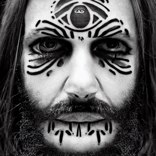 Image similar to symmetrical, close up face portrait of cannibal shia labouf, covered in sesame street tattoos, studio lighting, depth of field, photography, black and white, highly detailed