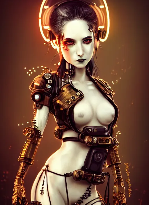 Prompt: soft lustrous ivory ebony geisha raver gutter punk gothic steampunk cyborg, golden ratio, details, scifi, fantasy, cyberpunk, intricate, decadent, highly detailed, digital painting, octane render, artstation, concept art, smooth, sharp focus, illustration, art by artgerm, loish, wlop