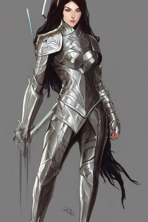 Image similar to fantasy female knight design with light armor, minimal design, practical, elegant, good shapes, semi realistic, concept art, digital illustration, by alphonse mucha, artgerm