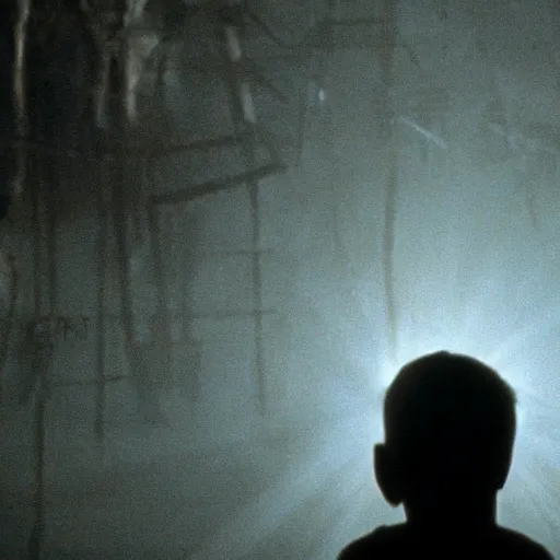 Prompt: movie scene of a glowing boy, menacing, movie still, cinematic composition, cinematic light, criterion collection, reimagined by industrial light and magic, Movie by David Lynch and Ridley Scott