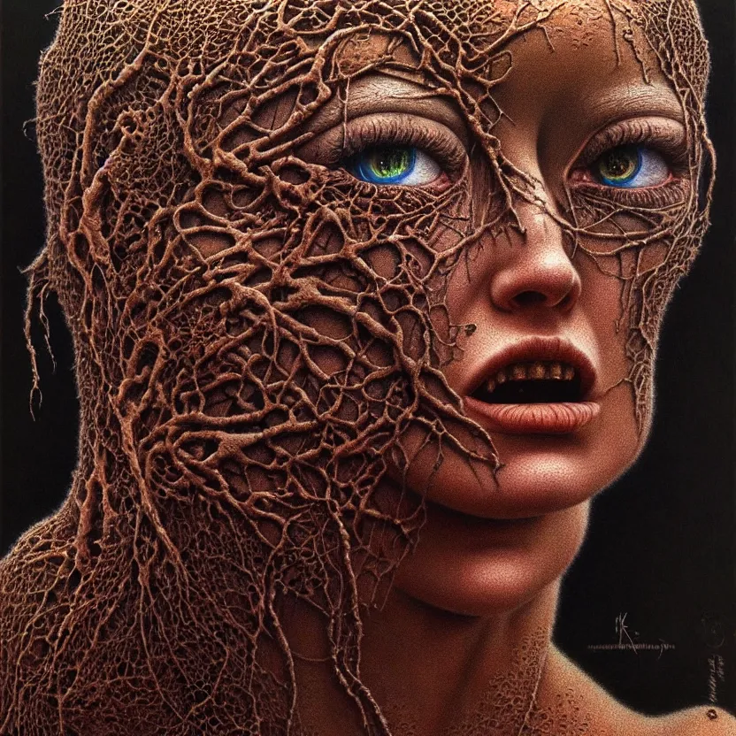 Image similar to ultra realist intricate detailed portrait of a single rugged attractive female, insanity accurate features, apocalyptic, very intricate details, 8 k resolution, dim lighting, artstyle zdzisław beksinski and keith thompson, award winning