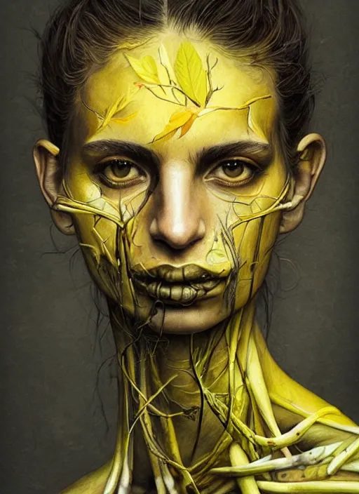 Prompt: masterpiece, emily ratajkowski , bones and veins, deep black skin, yellow details, marco mazzoni, zdzislaw beksinksi