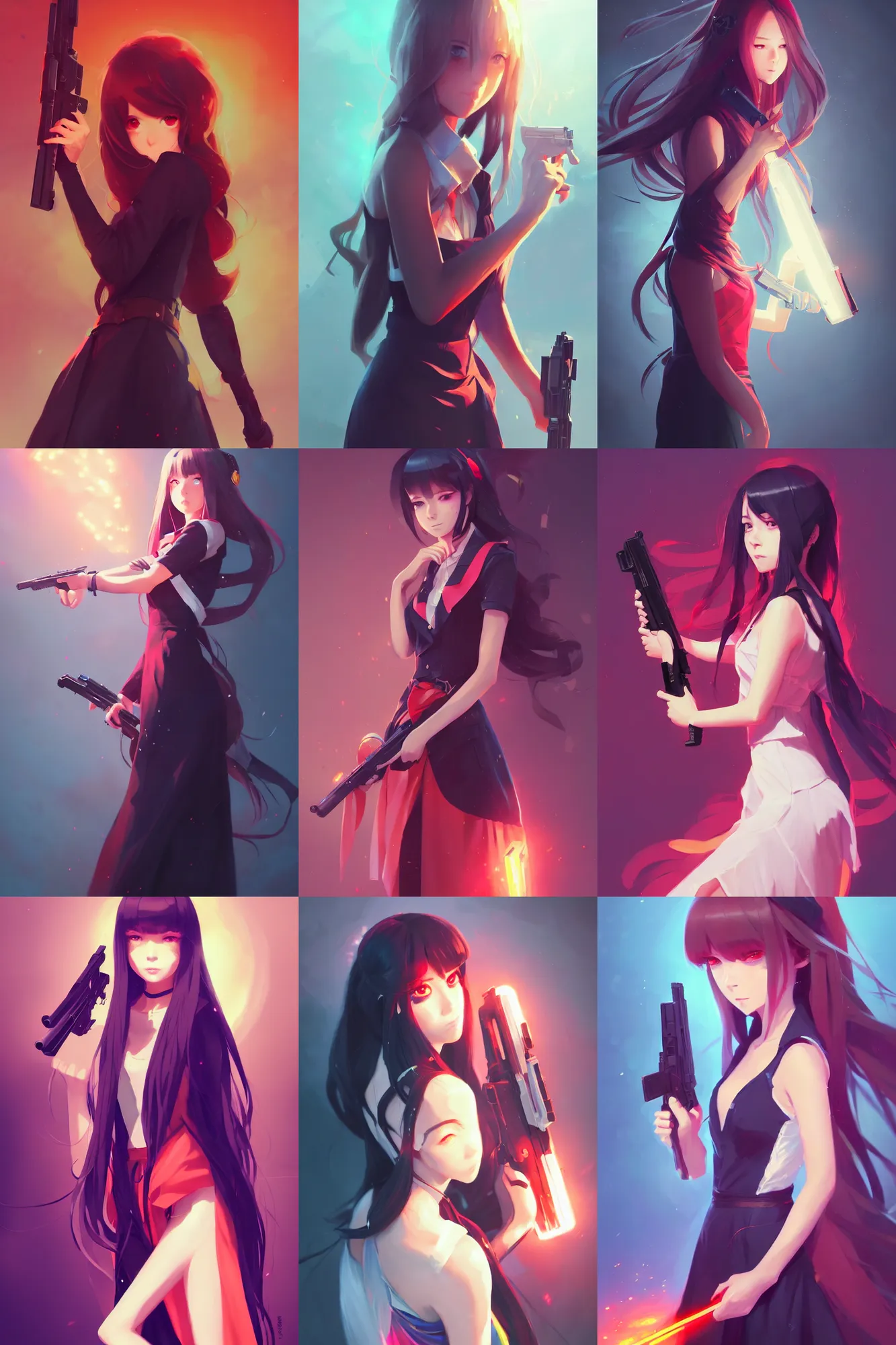 Prompt: portrait girl in elegant dress holding a gun, long straight hair, colourful, pretty face, cute face, intimidating expression, glowing red eyes, anime by greg rutkowski rossdraws makoto shinkai, adobe illustrator, trending on pixiv, behance