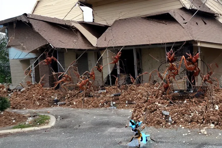 Image similar to 4 meter tall ant army destroying houses small town, shaky amateur photos by witnesses