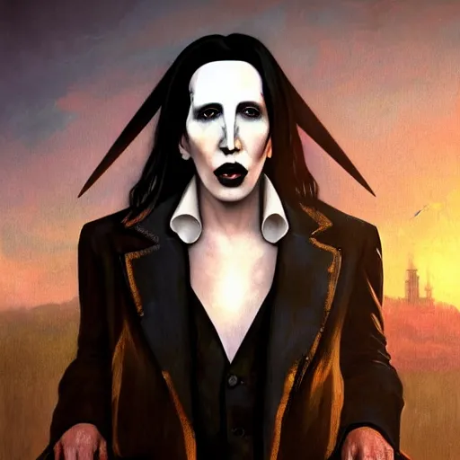 Image similar to clear portrait of marilyn manson holding a coffin, golden hour background, cottagecore!!, hyper detailed, character concept, full body, dynamic pose, intricate, elegant, highly detailed, digital painting, artstation, concept art, smooth, sharp focus, illustration, art by artgerm and greg rutkowski and alphonse mucha