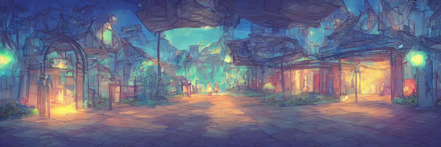 Prompt: entrance to a building with a path on the lawn, a giant screen, at night, artstation, concept art, vibrant colors, fish lens, studio ghibli
