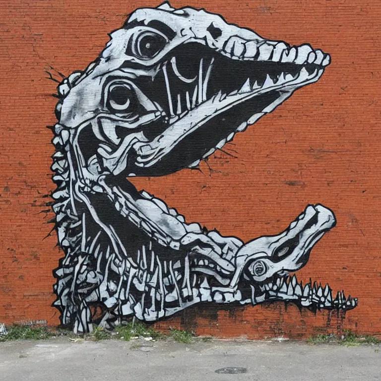 Prompt: Street-art painting of crocodile skeleton in style of Banksy, comic character, cute skeleton, cartoon style, photorealism