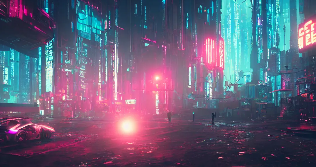 Prompt: cinematic cyberpunk scenery, love death and robots, netflix like, octane render, highly detailed, intricate, iridescent, neon lights, ethereal, stars on the back,
