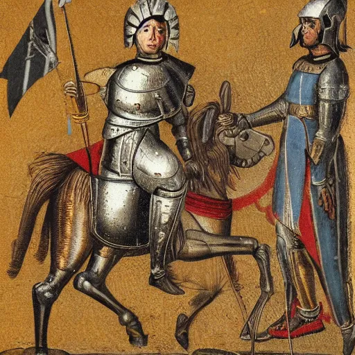 Prompt: Emmanuel Macron, in medieval armor on a battle horse, high detail, realistic,