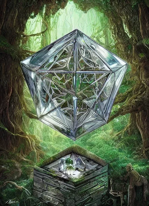 Prompt: a crystal cube in a forest, highly detailed, intricate, concept art, art station, cinematic light, realistic, ethereal light, art by Terry Moore