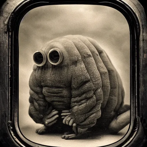 Image similar to tardigrade!!! daguerreotype portrait photograph. inspired by gerard grom and ansel adams and zdzislaw beksinski. highly detailed. old timey.