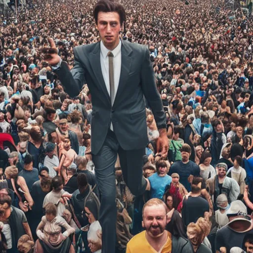 Image similar to a 3 0 foot tall man walking among the crowd