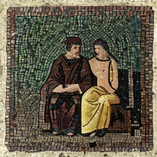 Prompt: a couple sitting on a park bench, roman mosaic