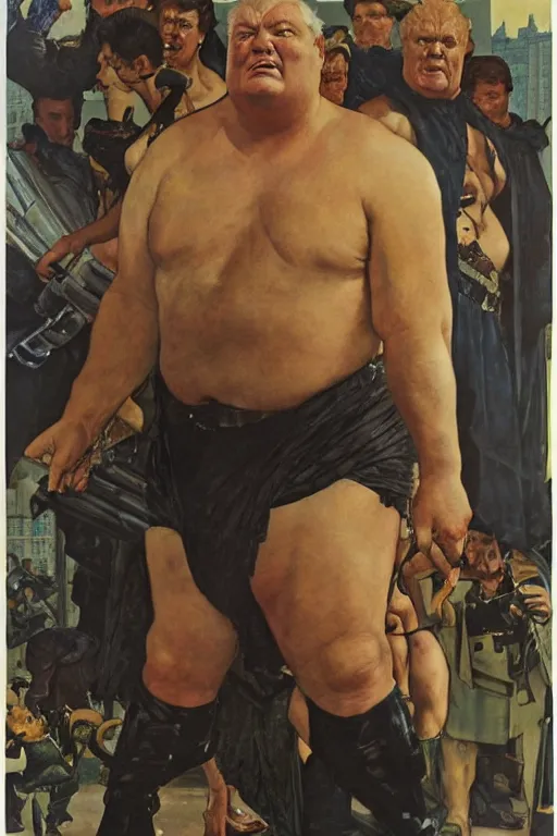 Prompt: full length portrait of huge hulking muscular kenneth mcmillan as baron vladimir harkonnen, simple background, painted by jack kirby, lawrence alma tadema, norman rockwell, greg staples, wayne barlow, neville page