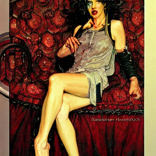 Prompt: portrait of an urban female vampire, with an unusual sense of fashion, by donato giancola and norman rockwell.