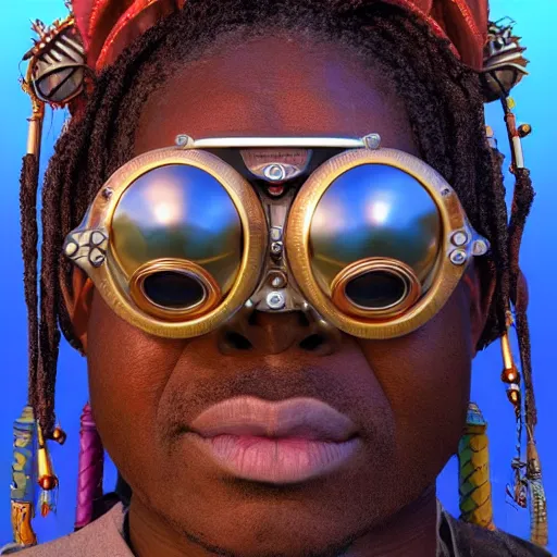 Image similar to colourful vfx upper half - portrait - art of a nigerian tribal chief wearing steam punk goggles, art by utagawa kunisada & james jean, symmetrical, intricate detail, concept art, volumetric light, ray tracing, caricature, digital illustration, octane 3 d render, unreal engine, sharp, 8 k post process, pinterest, behance, art station,