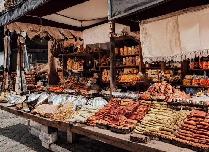 Image similar to eyelevel view of a medieval german marketplace, selling various food, cloth, and utensil items, trending on unsplash, 4 k photorealism, intricate