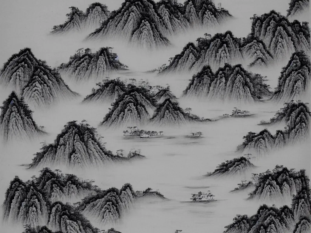 Prompt: Chinese painting, landscape, ink effect