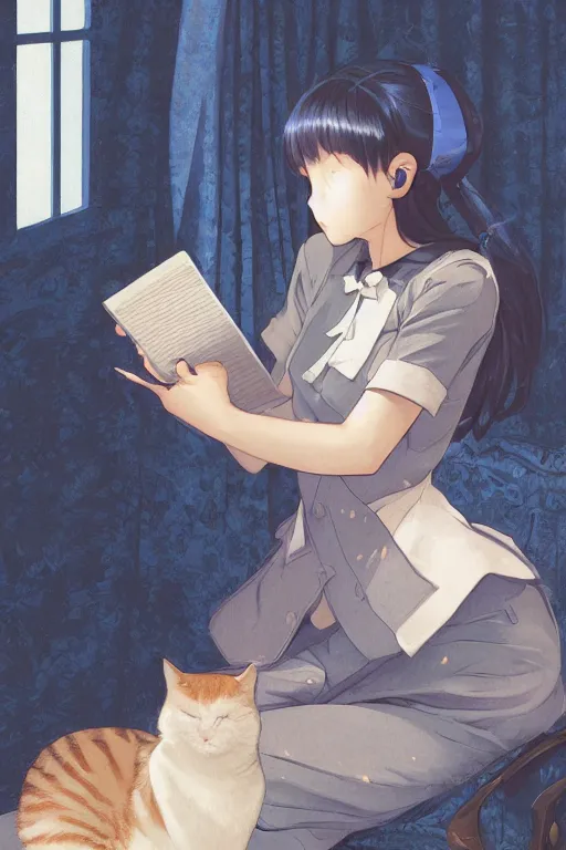 Image similar to a digital painting of a girl reading a book with a cat in A comfortable study room at night,blue and grey theme,JK uniform ,Hairdryer,blue theme,S line, by krenz cushart and mucha and range murata and greg rutkowski