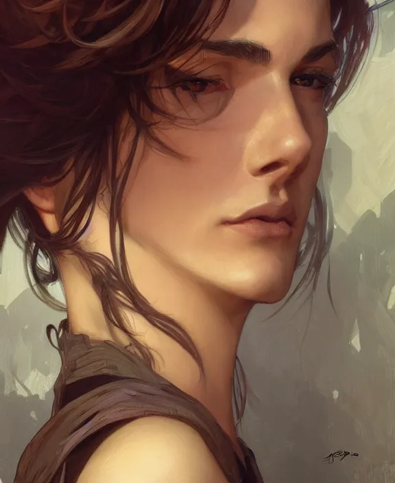 Image similar to portrait close up of guy, concentrated look, symmetry, d & d, fantasy, intricate, elegant, highly detailed, digital painting, artstation, concept art, art by artgerm and greg rutkowski and alphonse mucha, boris vallejo