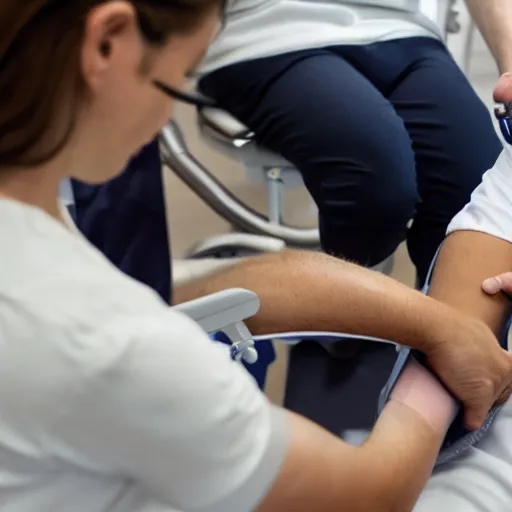 Image similar to a man sitting on a chair having his blood pressure measured by a nurse