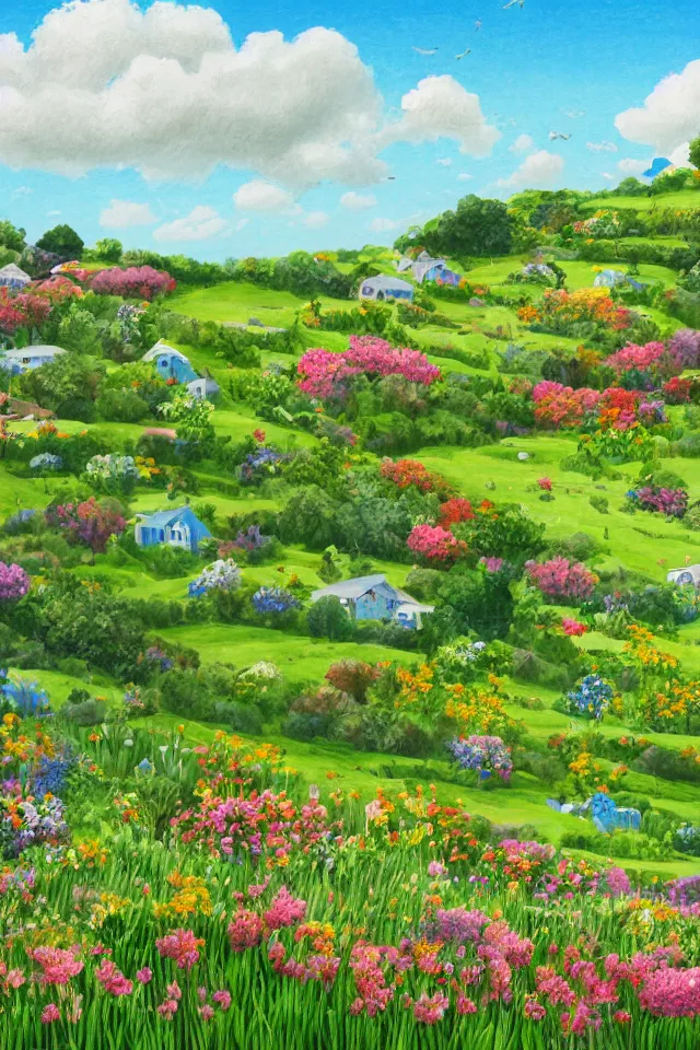 Prompt: a countryside in spring, green hills and blue sky with patches of clouds, nature in all its beauty, some houses in the background, star - shaped flowers in the foreground, we can see the sea, digital painting, colored pencil, detailed,