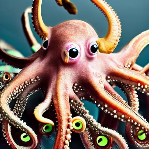 Image similar to a close up of an octopus with large eyes, a macro photograph by craola, lovecraftian, grotesque, macro photography