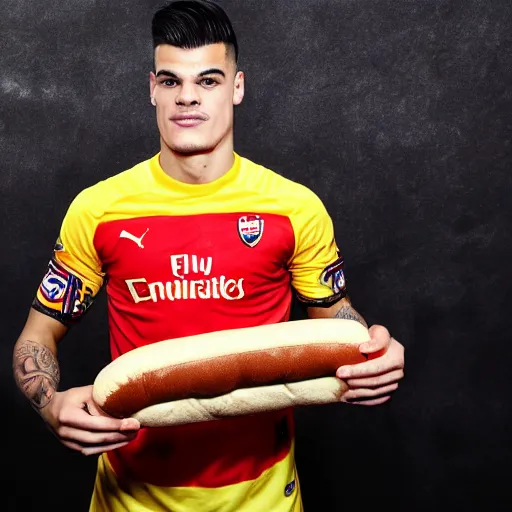 Image similar to a promo portrait of granit xhaka holding a delicious hot dog with mustard and ketchup up to the camera, happy, hyper detailed, fisheye lense, reuters