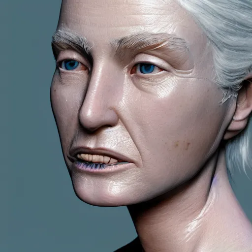 Prompt: 3 d render by annie leibovitz hyper detailed, realistic female face and shoulders, white skin made from painted porcelain, white hair, fine facial features, white eyes and eyelashes, 8 k, 1 5 0 ml lens, elegant, white background pastel blue lighting, octane render, volumetric lighting