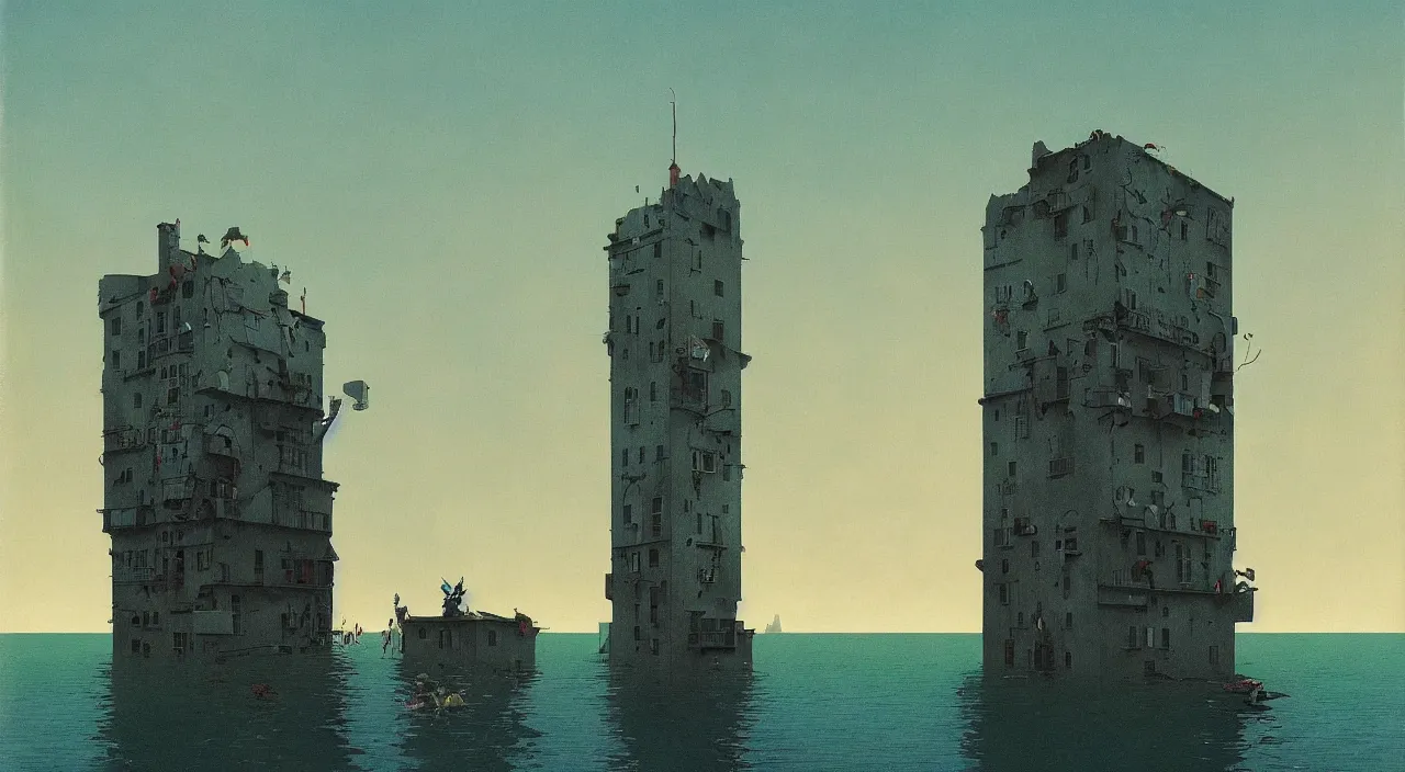 Prompt: single flooded simple deformed tower, very coherent and colorful high contrast!! masterpiece by rene magritte simon stalenhag carl spitzweg syd mead norman rockwell edward hopper james gilleard, minimalist, dark shadows, sunny day, hard lighting