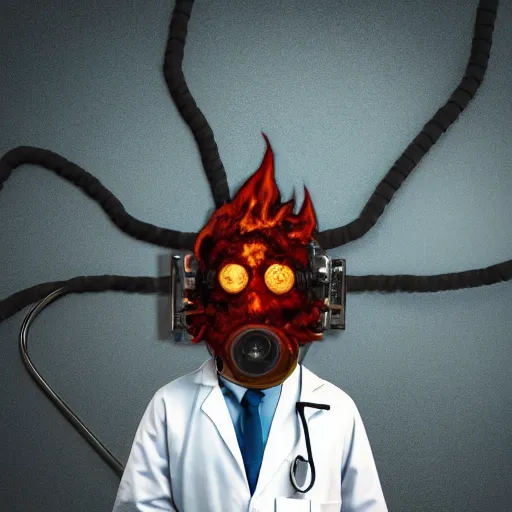 Prompt: An album cover, fire, mask, stethoscope!, (doctor), 3d render, robot!, TV!, (unreal engine), (rust), photograph, portrait, painting, ((trees))